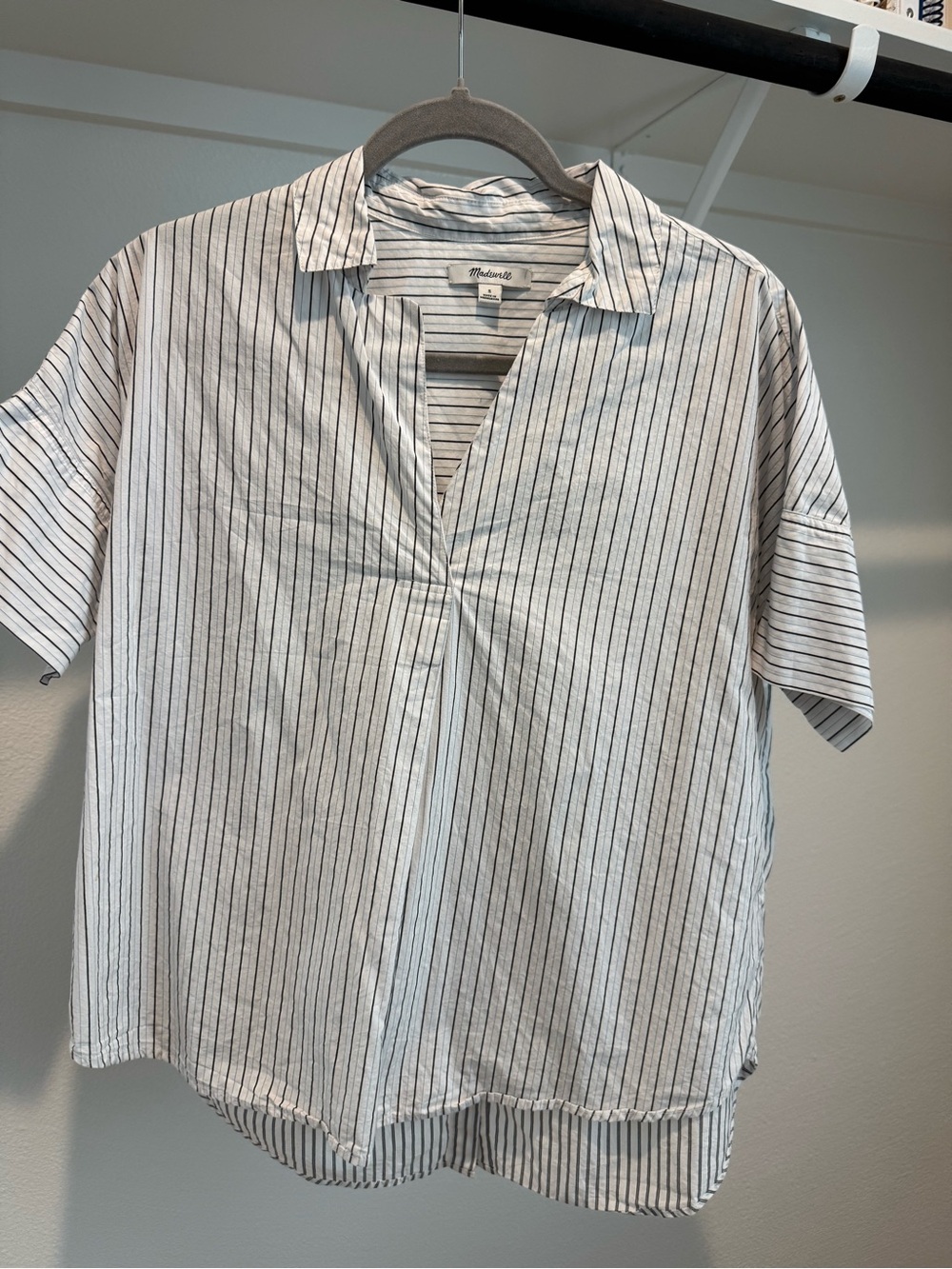 Madewell White Shirt with Black Pinstripes — Short Sleeve Button-Down